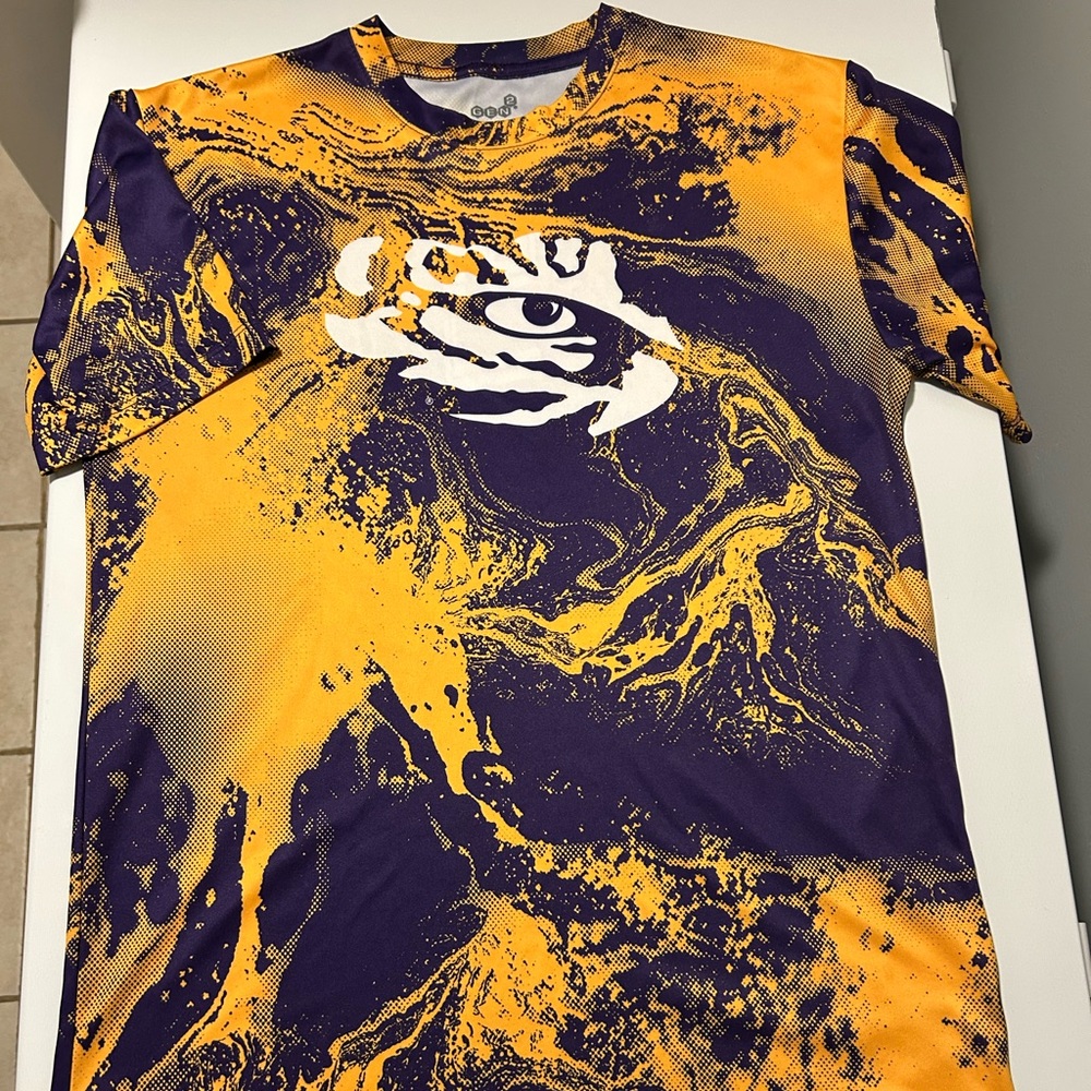 Vibrant Purple and Yellow Short Sleeve Tee with Bold Pattern